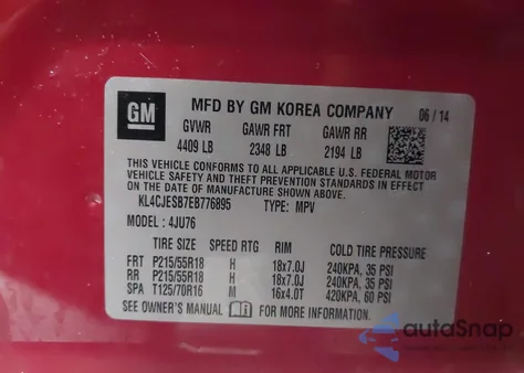 2014 Buick Encore из США, поврежденный, VIN KL4CJESB7EB776895